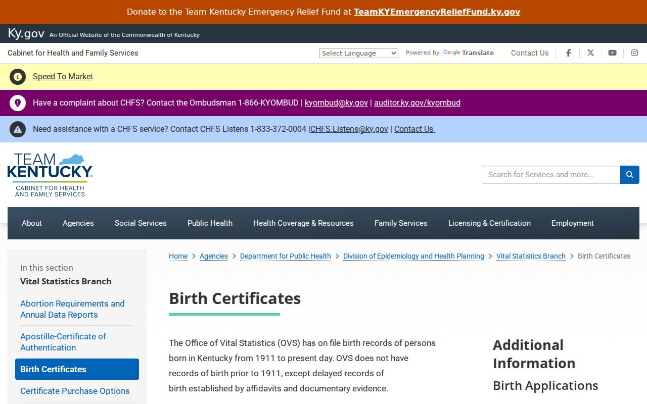 Kentucky birth certificate records page used in Louisville historical research
