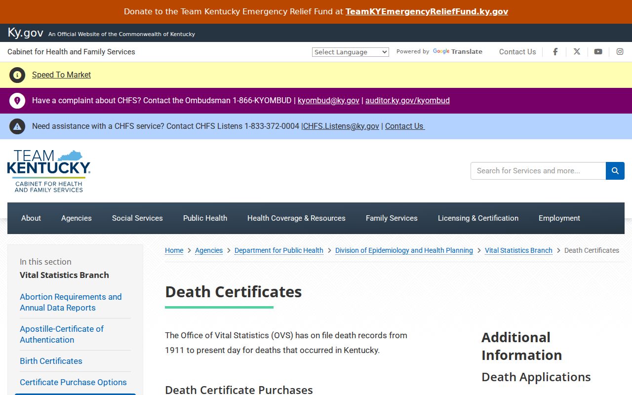 Kentucky death certificate records page for a Louisville address trail